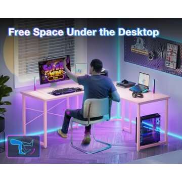 Casaottima L Shaped Gaming Desk, Corner Desk Gaming Table for Home Office, Computer Desk Sturdy Writing Workstation for Small Space, Easy to Assemble, 51 inch, Carbon Fiber Surface, Pink