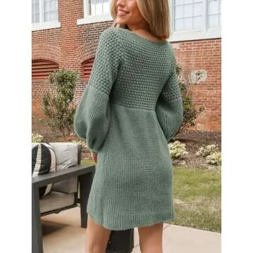 CUPSHE Women's Sweater Dress V Neck Honeycomb Long Sleeve Textured Casual Knit Pullover Dresses Dusty Green