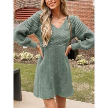 CUPSHE Women's Sweater Dress V Neck Honeycomb Long Sleeve Textured Casual Knit Pullover Dresses Dusty Green
