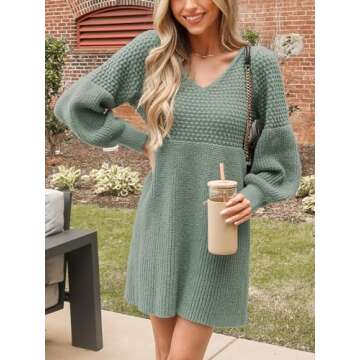 CUPSHE Women's Sweater Dress V Neck Honeycomb Long Sleeve Textured Casual Knit Pullover Dresses Dusty Green