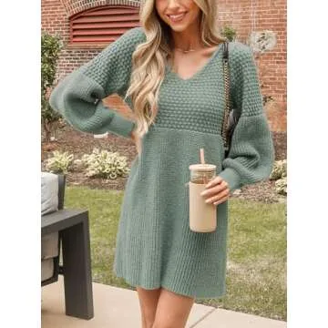 CUPSHE Women's Sweater Dress V Neck Honeycomb Long Sleeve Textured Casual Knit Pullover Dresses Dusty Green