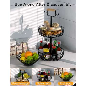 2-Tier 𝐅𝐫𝐮𝐢𝐭 𝐁𝐚𝐬𝐤𝐞𝐭 and Fruit Bowl - Fruit and Vegetable Storage with Banana Tree Hanger and Wood Handle, Fruit Basket for Kitchen Counter, for Bread Onions Potatoes Veggies Produce