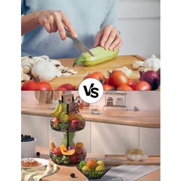 2-Tier 𝐅𝐫𝐮𝐢𝐭 𝐁𝐚𝐬𝐤𝐞𝐭 and Fruit Bowl - Fruit and Vegetable Storage with Banana Tree Hanger and Wood Handle, Fruit Basket for Kitchen Counter, for Bread Onions Potatoes Veggies Produce