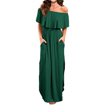 VERABENDI Women's Off Shoulder Summer Casual Long Ruffle Beach Maxi Dress with Pockets Large Dark Gr...