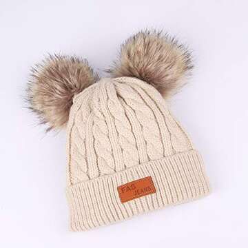 Infant Toddler Baby Knitting Woolen Hat Warm Winter Pure Color Double Pom Pom Boys Girls Beanie Cap (1-3 Years Old, A-Beige)