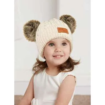 Infant Toddler Baby Knitting Woolen Hat Warm Winter Pure Color Double Pom Pom Boys Girls Beanie Cap (1-3 Years Old, A-Beige)
