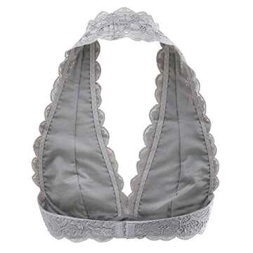 Floral Lace Halter Bralette Unpadded Mesh Lined V-Neck Everyday Bra Top for Women(Grey) L