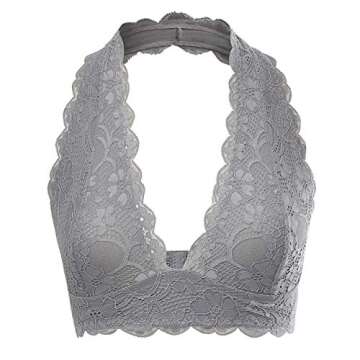 Floral Lace Halter Bralette Unpadded Mesh Lined V-Neck Everyday Bra Top for Women(Grey) L