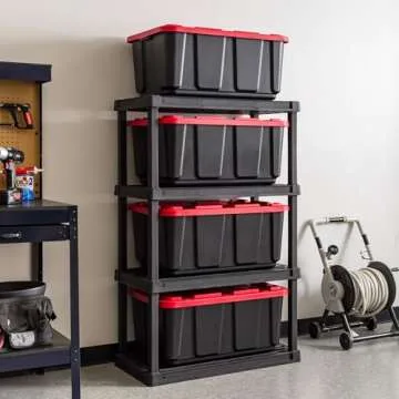 IRIS USA 27 Gallon Heavy Duty Truck Bed Toolbox Storage Tote Bins with Lids, 4 Pack - Made in USA, Tough Snap On Lid Stackable Industrial Rugged Tubs, Garage Organization, Reusable Box - Black/Red