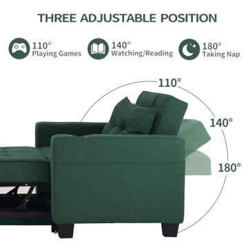 DURASPACE 39 inch Futon Chair Bed Convertible Chair 3-in-1 Pull Out Sleeper Reading Chair Beds with USB, Armchair Sleeper Bed for Living Room, Dorm, Small Space (Green Linen)