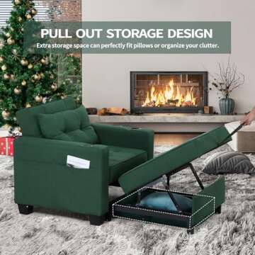 DURASPACE 39 inch Futon Chair Bed Convertible Chair 3-in-1 Pull Out Sleeper Reading Chair Beds with USB, Armchair Sleeper Bed for Living Room, Dorm, Small Space (Green Linen)