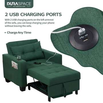 DURASPACE 39 inch Futon Chair Bed Convertible Chair 3-in-1 Pull Out Sleeper Reading Chair Beds with USB, Armchair Sleeper Bed for Living Room, Dorm, Small Space (Green Linen)