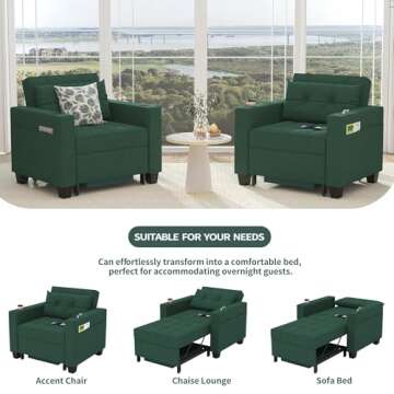 DURASPACE 39 inch Futon Chair Bed Convertible Chair 3-in-1 Pull Out Sleeper Reading Chair Beds with USB, Armchair Sleeper Bed for Living Room, Dorm, Small Space (Green Linen)