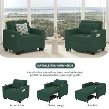 DURASPACE 39 inch Futon Chair Bed Convertible Chair 3-in-1 Pull Out Sleeper Reading Chair Beds with USB, Armchair Sleeper Bed for Living Room, Dorm, Small Space (Green Linen)