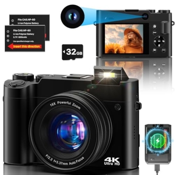 4K Digital Camera, 64MP Dual Cameras for Photography Autofocus Anti-Shake, Video Vlogging Camera for...