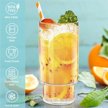 HAIYEATBNB Ribbed Glassware Set - Set of 4 Elegant Drinking Glasses