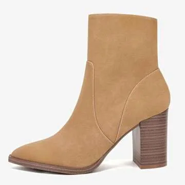 LAICIGO Women's Pointed Toe Ankle Boots Chunky Stacked Heel Side Zipper Faux Suede Ankle Booties, Camel, Size 7