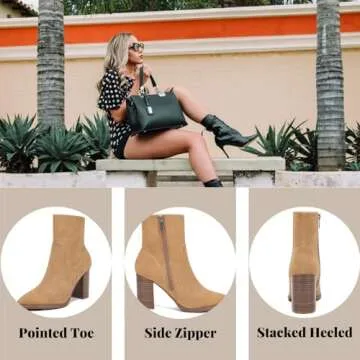 LAICIGO Women's Pointed Toe Ankle Boots Chunky Stacked Heel Side Zipper Faux Suede Ankle Booties, Camel, Size 7