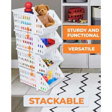 TidyFriend Small Plastic Stackable Storage Bins for Pantry, 4-Pack Small Open Front Storage Bins, Toy Organizers, Kitchen, Bathroom Essentials (White)