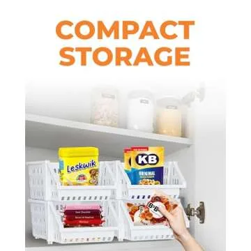 TidyFriend Small Plastic Stackable Storage Bins for Pantry, 4-Pack Small Open Front Storage Bins, Toy Organizers, Kitchen, Bathroom Essentials (White)