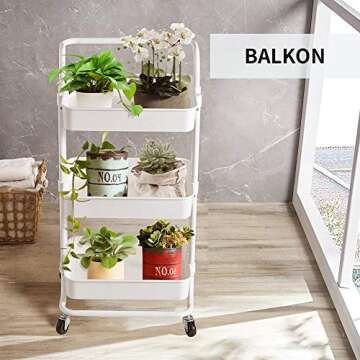 Micoe Utility Carts with Wheels, Practical Handle and ABS Storage Basket, 3 Tier Rolling Cart Organizer, White, H-T001W