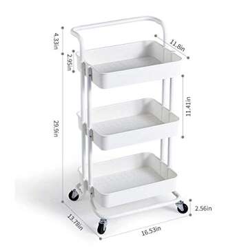 Micoe Utility Carts with Wheels, Practical Handle and ABS Storage Basket, 3 Tier Rolling Cart Organizer, White, H-T001W