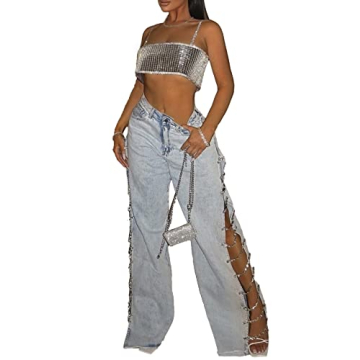 xxxiticat Women's Covered in Diamond Lace Up Jeans High Rise Wide Leg Rhinestone Bandage Fringe Hem ...