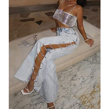 Stylish xxxiticat Women's Lace Up Rhinestone Jeans