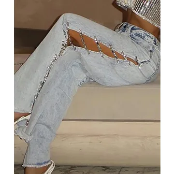 Stylish xxxiticat Women's Lace Up Rhinestone Jeans