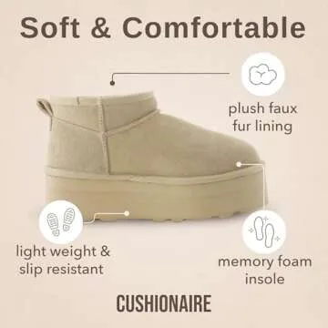 CUSHIONAIRE Hippy Women’s Platform Ankle Boots – Genuine Suede, Faux Fur Lining, Cozy Winter Slip-On Design boots for women, SAND 6.5