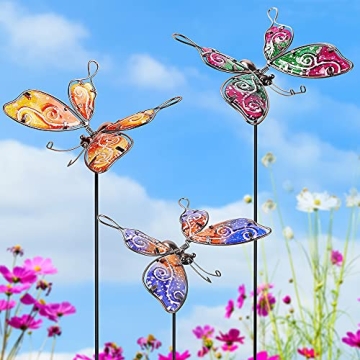 Juegoal Set of 3 Butterfly Garden Stakes Decor, 30 Inch Colorful Butterflies Stake, Glass & Metal Ya...