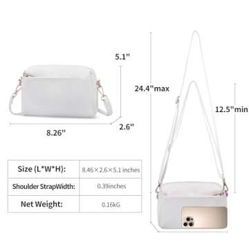 VOROLO Crossbody Bag Triple Zip Small Leather Cross body Purse Shoulder Bag with Ajustable Strap for Women WHITE