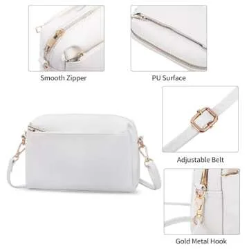 VOROLO Crossbody Bag Triple Zip Small Leather Cross body Purse Shoulder Bag with Ajustable Strap for Women WHITE