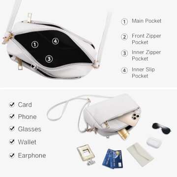 VOROLO Crossbody Bag Triple Zip Small Leather Cross body Purse Shoulder Bag with Ajustable Strap for Women WHITE
