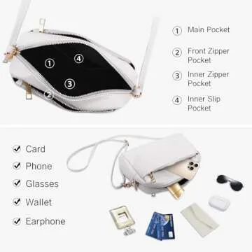 VOROLO Crossbody Bag Triple Zip Small Leather Cross body Purse Shoulder Bag with Ajustable Strap for Women WHITE