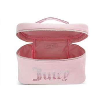 Juicy Couture Women's Cosmetics Bag - Travel Makeup and Toiletries Train Case Organizer, Size One Size, Light Pink Terry with Rhinestone Logo