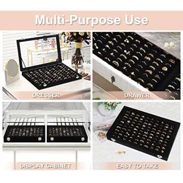 Ring Organizer for Jewelry, Ring Holder Box with Clear Lid, Dustproof Velvet Rings Display Tray Storage Case, 100 Slot Glass Top Jewelry Tray Drawer Insert for Multiple Rings Studs Earring (Black)