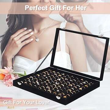 Ring Organizer for Jewelry, Ring Holder Box with Clear Lid, Dustproof Velvet Rings Display Tray Storage Case, 100 Slot Glass Top Jewelry Tray Drawer Insert for Multiple Rings Studs Earring (Black)