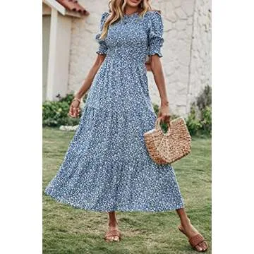 BTFBM Women Casual Summer Dresses 2024 Spring Crew Neck Ruffle Short Sleeve Floral Print Smocked Boho Flowy Maxi Dress(Floral Blue White, Medium)
