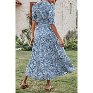 BTFBM Women Casual Summer Dresses 2024 Spring Crew Neck Ruffle Short Sleeve Floral Print Smocked Boho Flowy Maxi Dress(Floral Blue White, Medium)