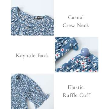 BTFBM Women Casual Summer Dresses 2024 Spring Crew Neck Ruffle Short Sleeve Floral Print Smocked Boho Flowy Maxi Dress(Floral Blue White, Medium)