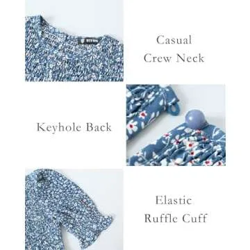 BTFBM Women Casual Summer Dresses 2024 Spring Crew Neck Ruffle Short Sleeve Floral Print Smocked Boho Flowy Maxi Dress(Floral Blue White, Medium)