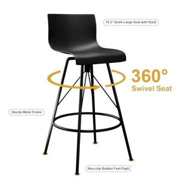 Awonde 24" Swivel Bar Stools Set of 4 Modern Black Barstools with Backs Kitchen Counter Height Bar Chairs Plastic Seat Metal Legs