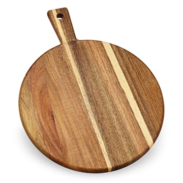 Acacia Wood Round Cutting Board and Chopping Board with Handle for Meat, Cheese Board, Vegetables, B...