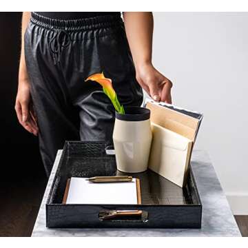 Black Leather Serving Tray with Handles, Glossy Faux Crocodile Print, 18x12 Food Drinks Tray for Cof...