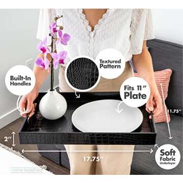 Black Leather Serving Tray with Handles, Glossy Faux Crocodile Print, 18x12 Food Drinks Tray for Coffee Table, Breakfast, Dinner & Bar, Decorative Storage Tray for Ottoman, Kitchen, Bedroom, Tv, Gift