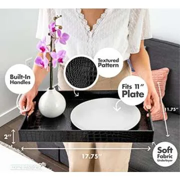Black Leather Serving Tray with Handles, Glossy Faux Crocodile Print, 18x12 Food Drinks Tray for Coffee Table, Breakfast, Dinner & Bar, Decorative Storage Tray for Ottoman, Kitchen, Bedroom, Tv, Gift
