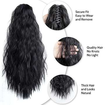 StrRid Wavy Ponytail Extension Claw Clip for Black Women 18" Synthetic Curly Clips in Pony Tails Hair Extensions Wigs Fluffy Heat Resistant Hairpieces for Wedding Party Daily Use 6 Oz Natural Black