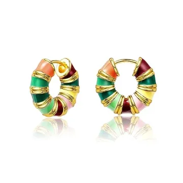 Gold Enamel Hoop Earrings - 18K Gold Plated Chunky Huggies for Women