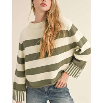 Esmeling Women's Casual Loose Striped Sweater Fall Long Sleeve Crew Neck Knitted Pullover Tops(1029-...